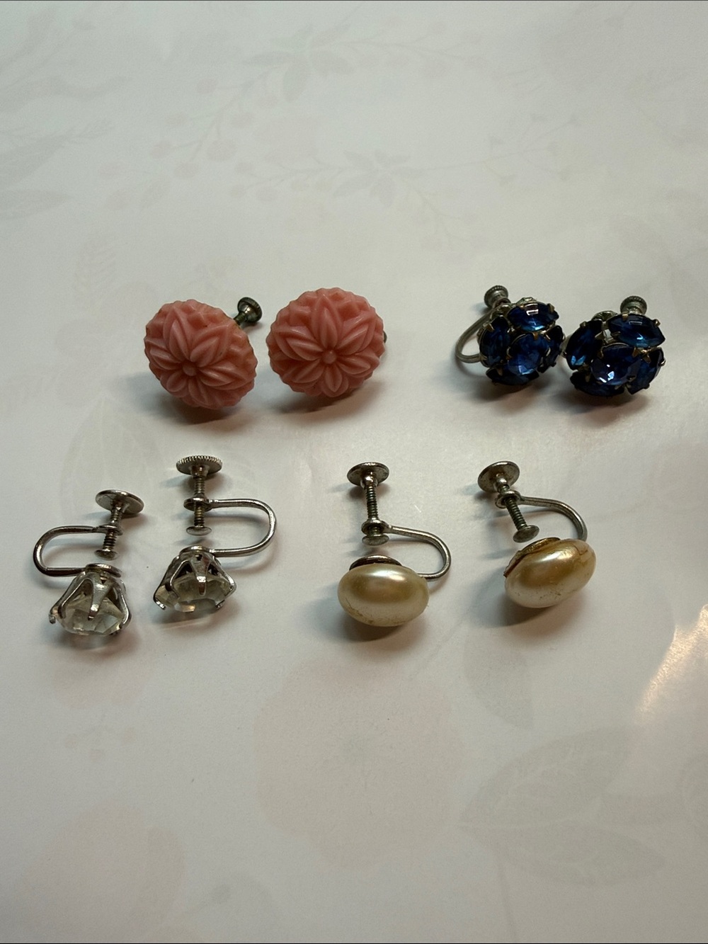 Vintage Screw-Back Earring Lot - Pink Floral, Blue Rhinestone, Pearl & Clear